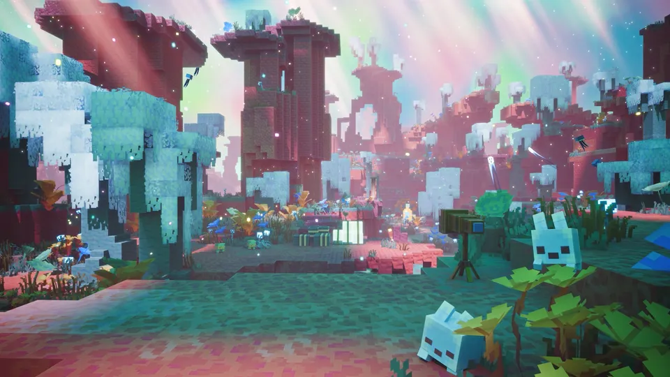 Screenshot aus The Sift: Eine Landschaft aus türkisen und rötlichen Blockstrukturen unter einem Himmel voller bunter Polarlichter, im Vordergrund zwei hellblaue, hasenartige Kreaturen.