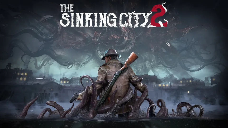 Key-Art von The Sinking City 2: Protagonist Calvin Rafferty steht mit Schrotflinte und Pistole bis zur Hüfte im Wasser vor dem überfluteten Arkham, umgeben von Tentakeln, während sich am Himmel eine riesige kosmische Kreatur auftürmt.