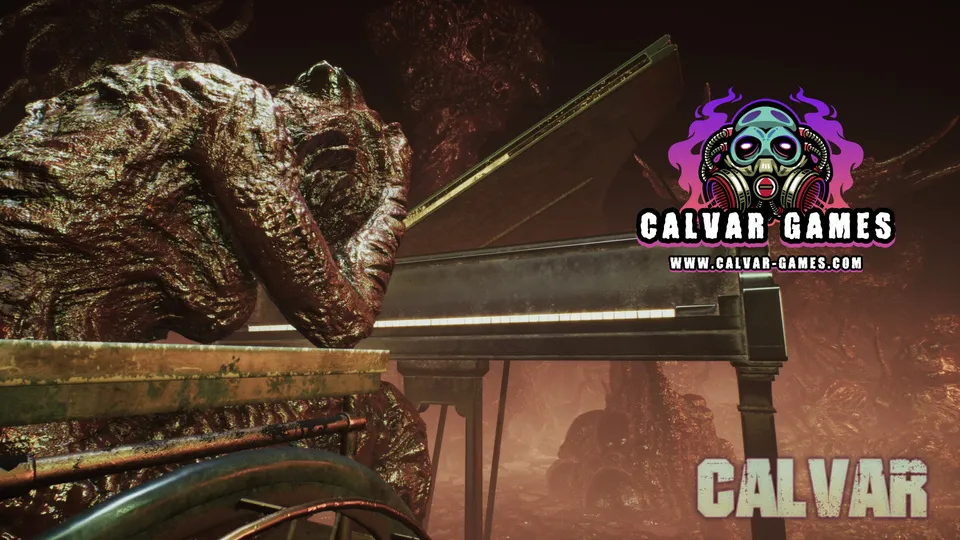 Szene aus Calvar – The Darkest Gate: Ein verkohltes, dämonisches Wesen beugt sich über einen verlassenen Flügel in einer düsteren Umgebung, daneben das Logo von Calvar Games.