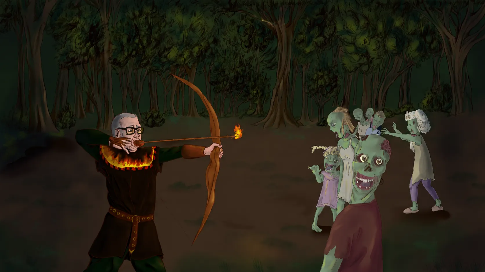Ashburn – Ein Lord auf Reisen: zielt mit Pfeil und Bogen auf Zombies in einem dunklen Wald